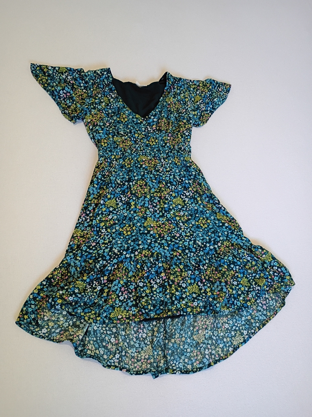 Rewind High Low Floral Dress Size XS Blue Green Cottagecore Flutter Sleeve Rayon
